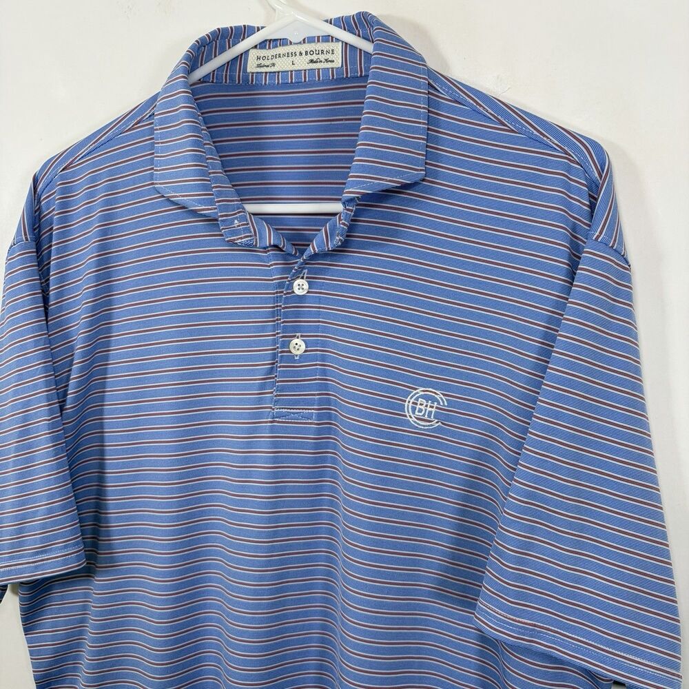 Holderness & Bourne Golf Polo Shirt Mens Large Blue Pink Striped Tailored Fit